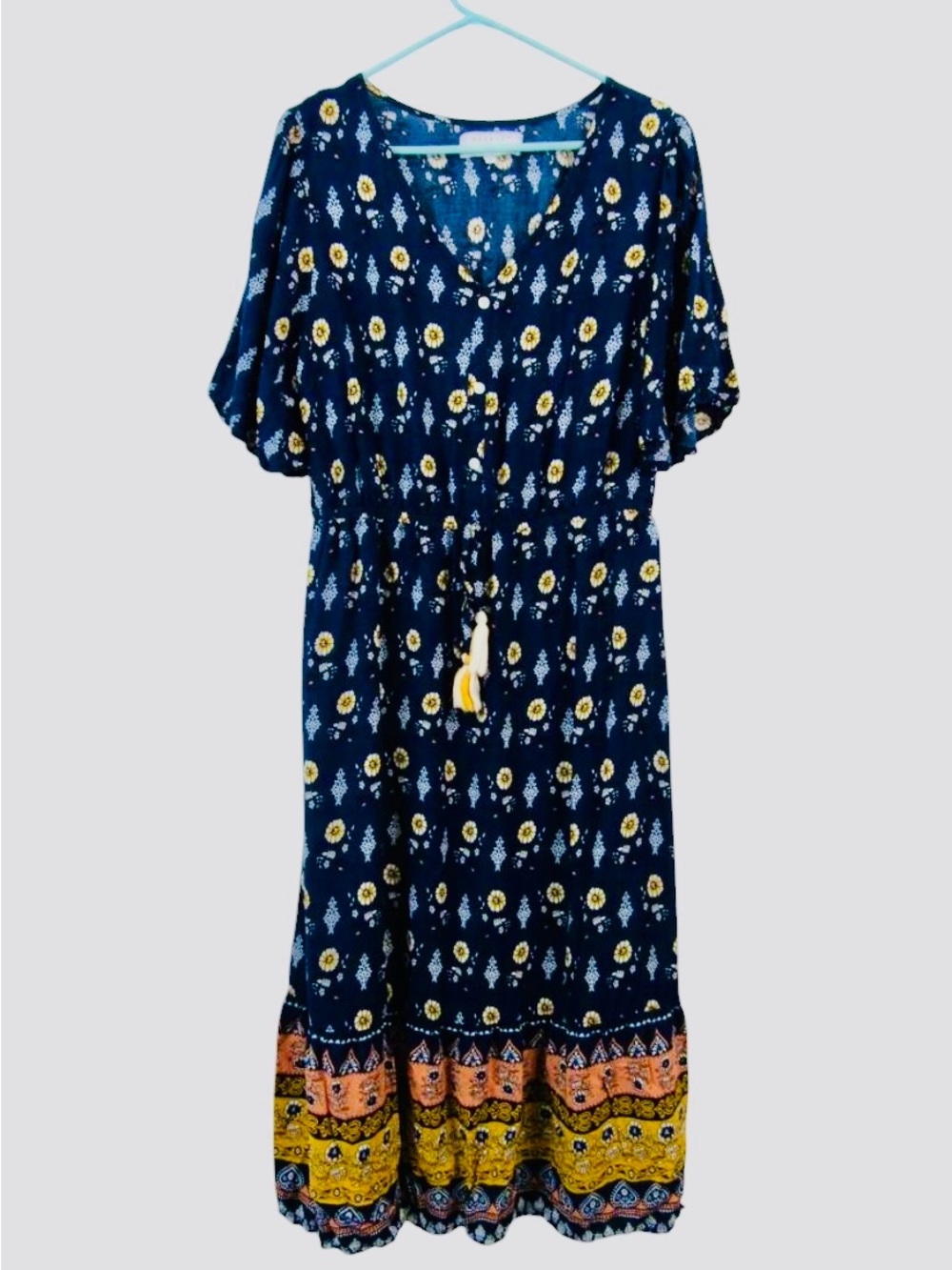 Margaux Riviera L Navy and Yellow Flower Print Dress Tassels Boho Contemporary